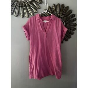 J.Crew Pink Double Gauze Cotton Shift Dress Medium Short Sleeve Pockets Summer